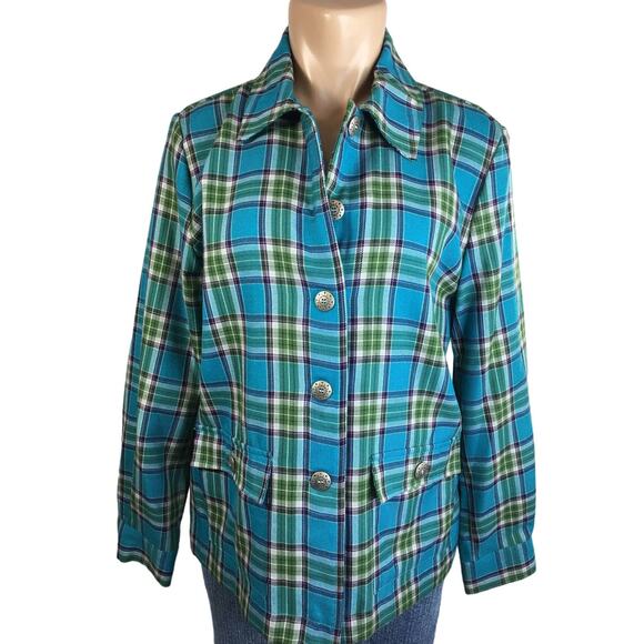 Southern‎ Lady Top Shacket Womens 8 Flannel Button Down Teal Blue & Green Plaid - Picture 2 of 15